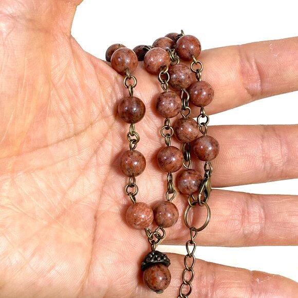 Genuine Red Jasper Short Necklace, Cute Bronze Acorn Charm + Natural Gemstone - Picture 12 of 12